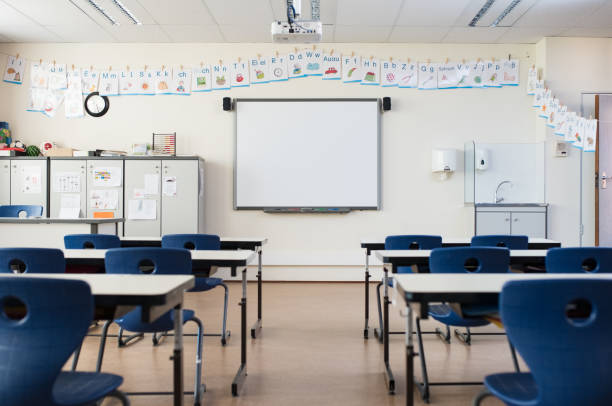 School desk and chairs in empty modern classroom. Empty class room with white board and projector in elementary school. Primary classroom with smartboard and alphabet on wall.