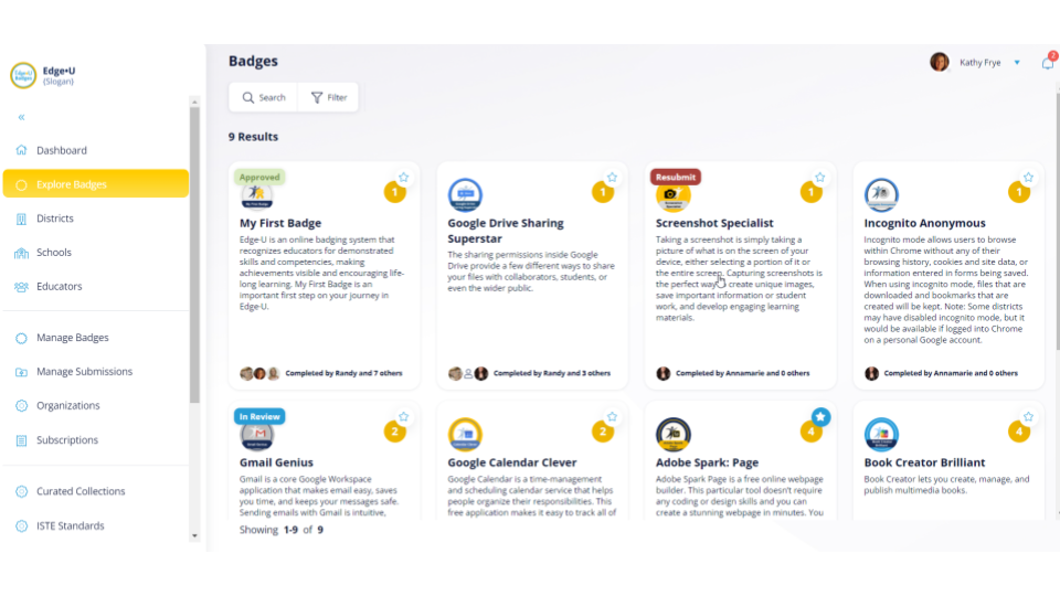 Edge-U website showcasing user interface of badge gallery